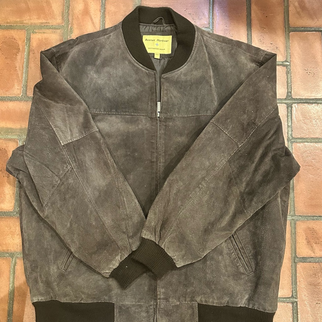 Vintage Boston Harbour Brown Suede Leather Bomber Jacket Full Zip Mens